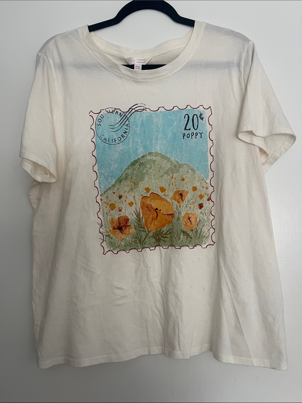LC Lauren Conrad Cream Graphic Poppy Tee with Orange & Light Blue Print